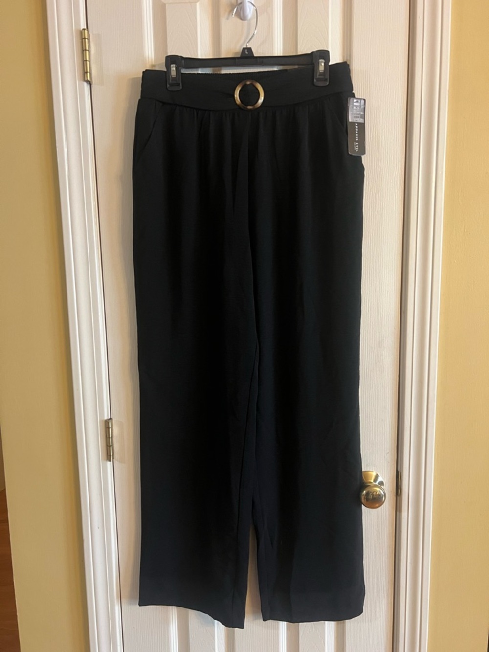Soho Apparel Black Wide-Leg Pull-On Pants with Tortoise Ring